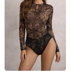 Vintage 80s Guy Laroche Sheer Mesh Floral Bodysuit Lace Teddy Black Gold M LS